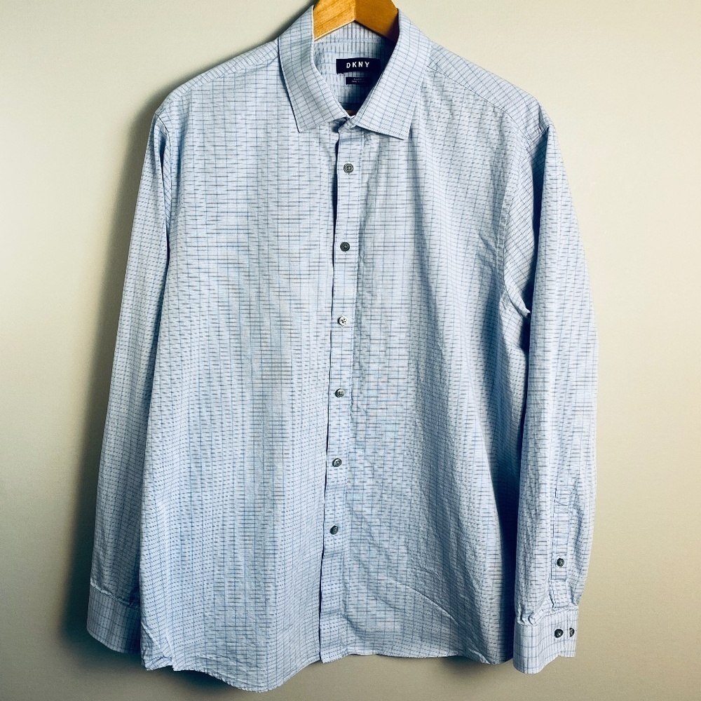 DKNY Men's Blue Rectangle Check‎ Print Long Sleeve Button Up Shirt Size XL